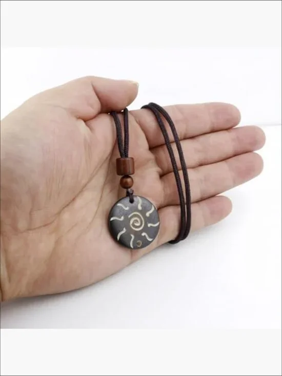 Handmade Bull Bone Pendant Necklace, Wooden Beads, Adjustable Braided Rope - Picture 4 of 6